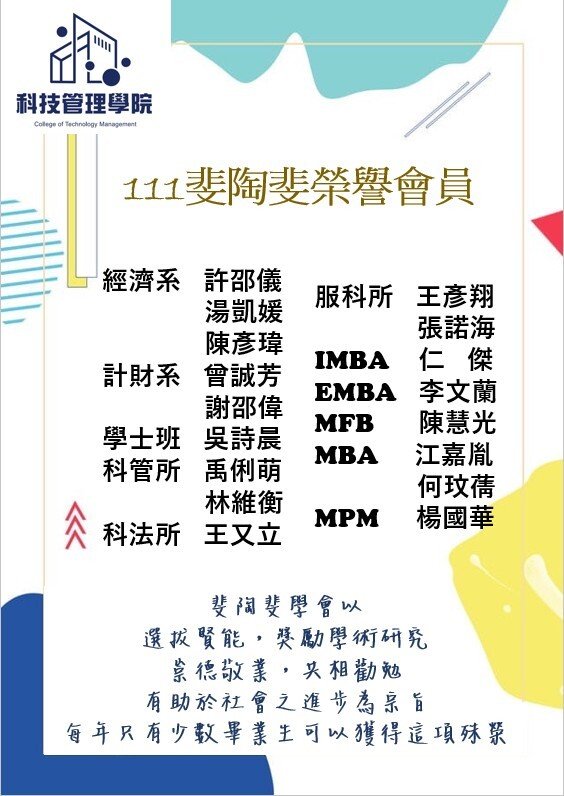 111年斐陶斐榮譽會員得獎名單