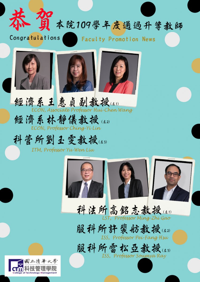 本院109學年度通過升等教師：經濟系王惠貞副教授、經濟系林靜儀教授、科管所劉玉雯教授、科法所高銘志教授、服科所許裴舫教授、服科所雷松亞教授